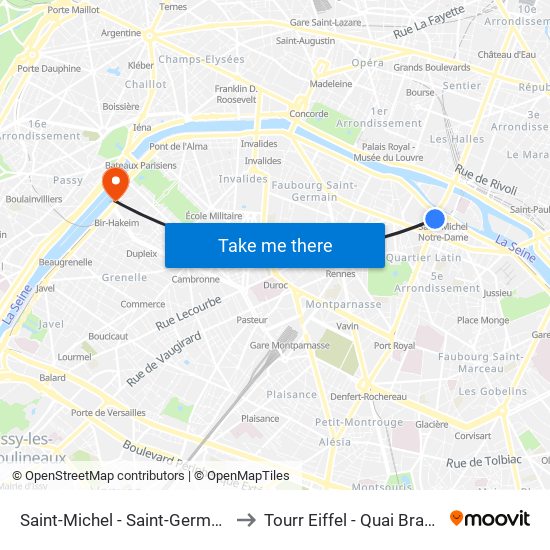 Saint-Michel - Saint-Germain to Tourr Eiffel - Quai Branly map