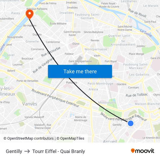 Gentilly to Tourr Eiffel - Quai Branly map