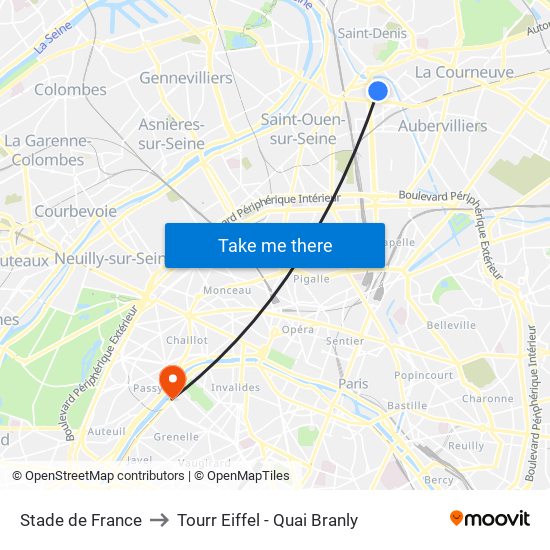 Stade de France to Tourr Eiffel - Quai Branly map
