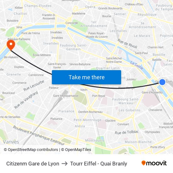 Citizenm Gare de Lyon to Tourr Eiffel - Quai Branly map