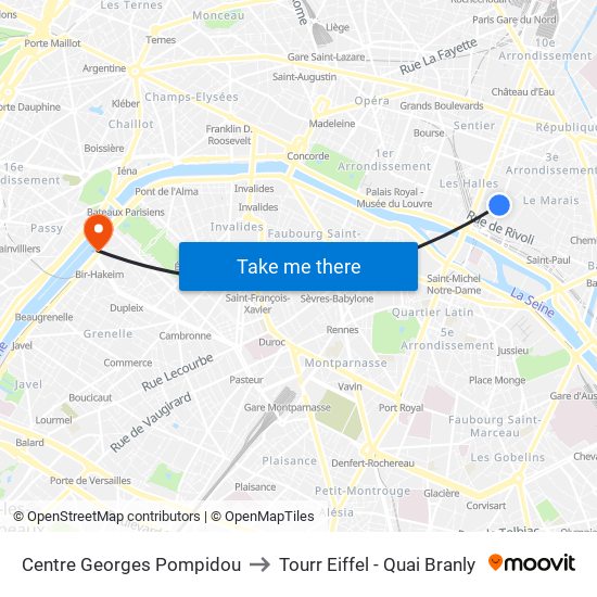 Centre Georges Pompidou to Tourr Eiffel - Quai Branly map