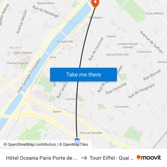 Hôtel Oceania Paris Porte de Versailles to Tourr Eiffel - Quai Branly map