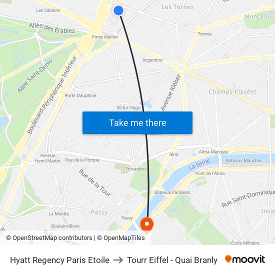 Hyatt Regency Paris Etoile to Tourr Eiffel - Quai Branly map