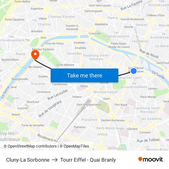 Cluny-La Sorbonne to Tourr Eiffel - Quai Branly map