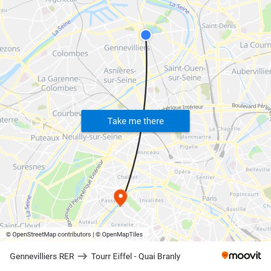 Gennevilliers RER to Tourr Eiffel - Quai Branly map