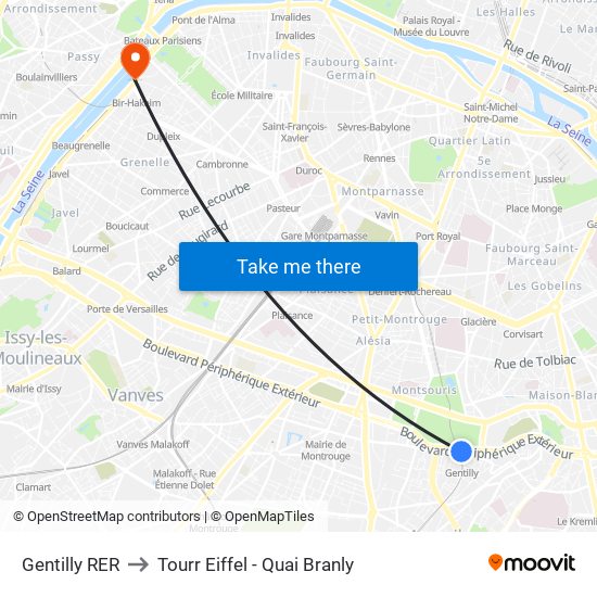 Gentilly RER to Tourr Eiffel - Quai Branly map