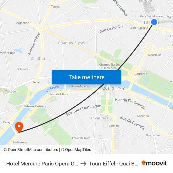 Hôtel Mercure Paris Opéra Garnier to Tourr Eiffel - Quai Branly map