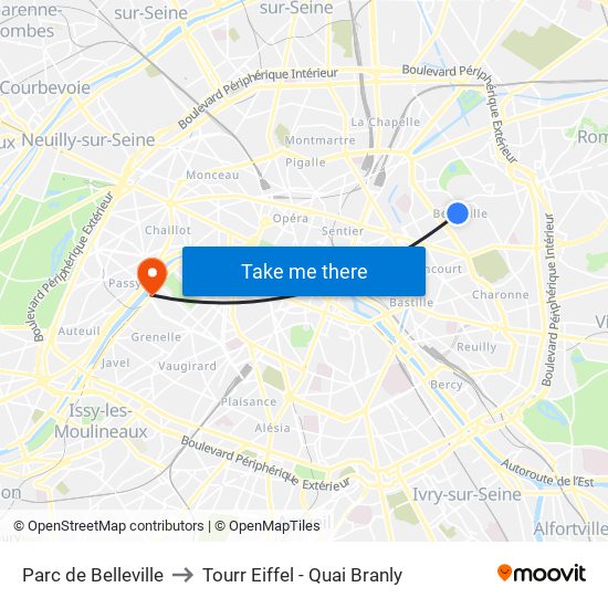 Parc de Belleville to Tourr Eiffel - Quai Branly map
