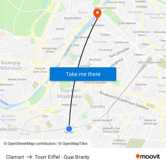 Clamart to Tourr Eiffel - Quai Branly map