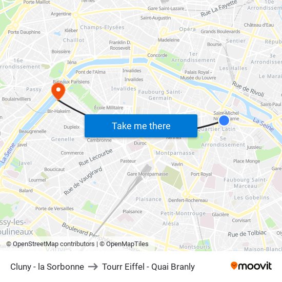 Cluny - la Sorbonne to Tourr Eiffel - Quai Branly map