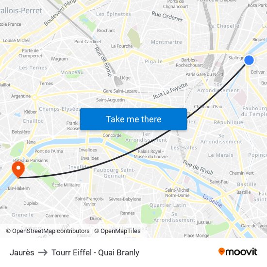 Jaurès to Tourr Eiffel - Quai Branly map