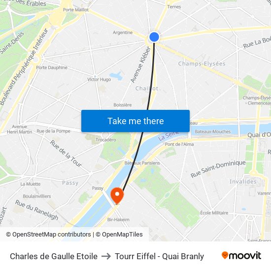Charles de Gaulle Etoile to Tourr Eiffel - Quai Branly map