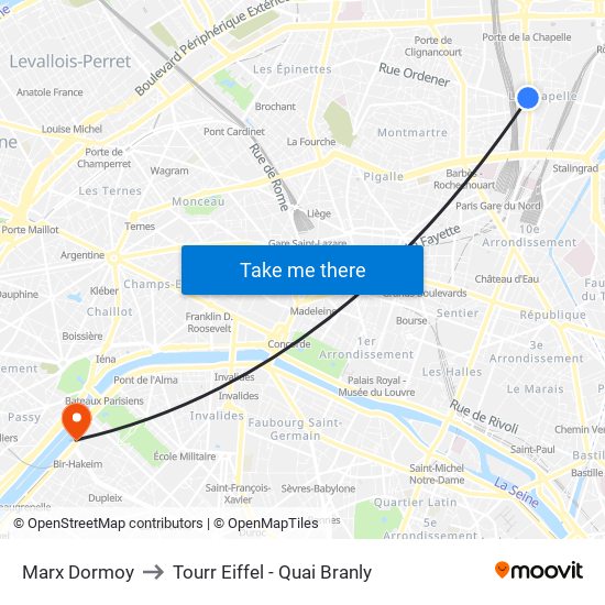 Marx Dormoy to Tourr Eiffel - Quai Branly map