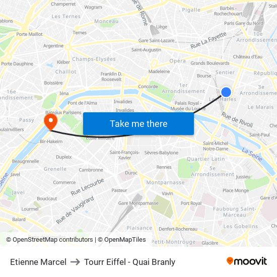 Etienne Marcel to Tourr Eiffel - Quai Branly map