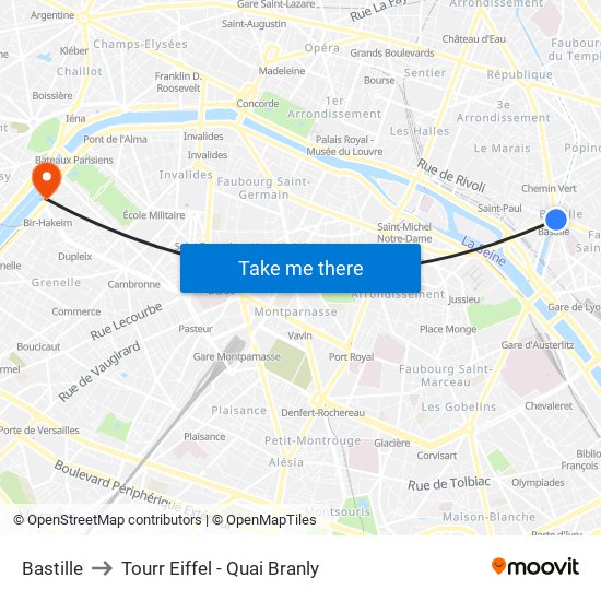 Bastille to Tourr Eiffel - Quai Branly map