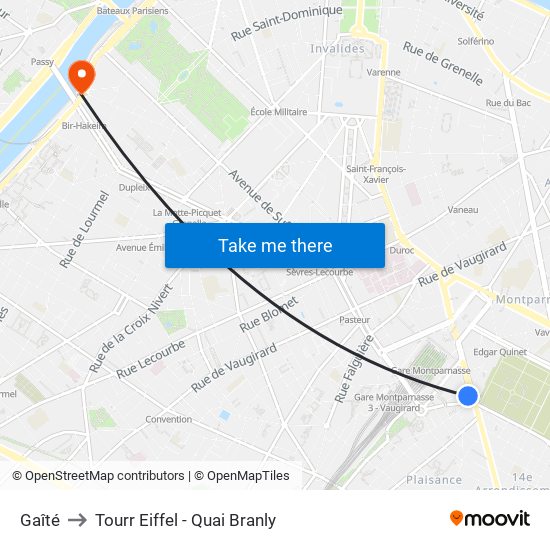 Gaîté to Tourr Eiffel - Quai Branly map