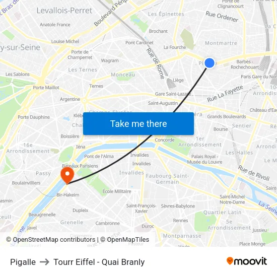 Pigalle to Tourr Eiffel - Quai Branly map