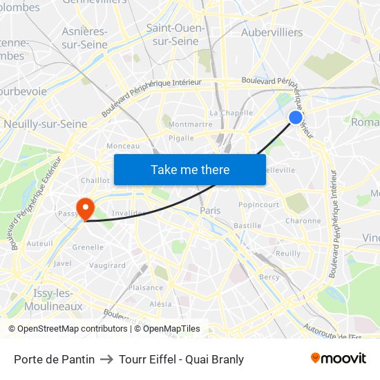 Porte de Pantin to Tourr Eiffel - Quai Branly map