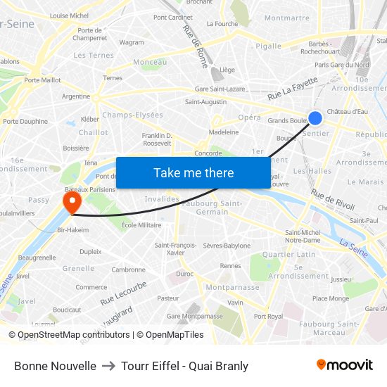 Bonne Nouvelle to Tourr Eiffel - Quai Branly map