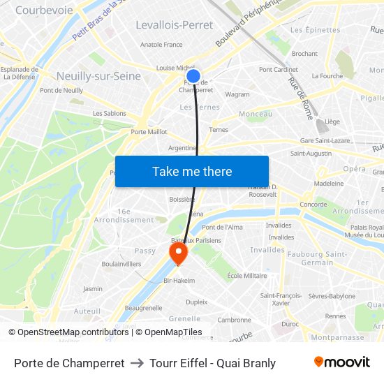 Porte de Champerret to Tourr Eiffel - Quai Branly map