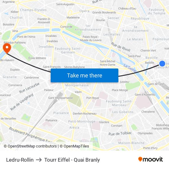 Ledru-Rollin to Tourr Eiffel - Quai Branly map