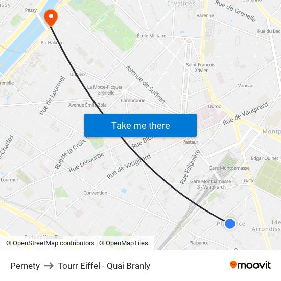 Pernety to Tourr Eiffel - Quai Branly map