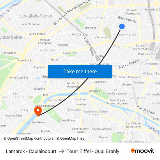 Lamarck - Caulaincourt to Tourr Eiffel - Quai Branly map