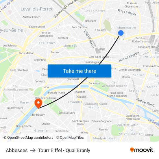 Abbesses to Tourr Eiffel - Quai Branly map