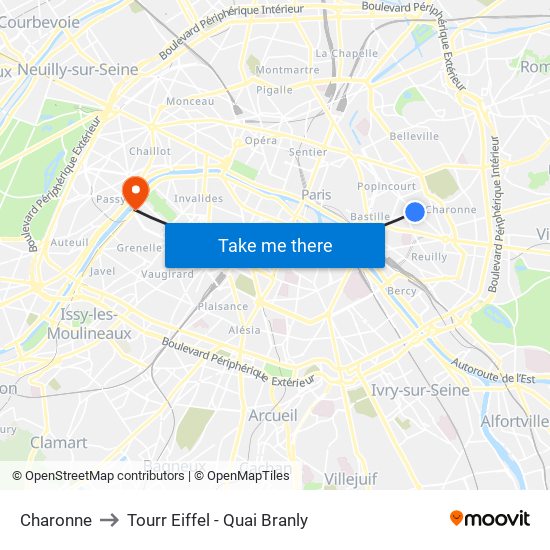 Charonne to Tourr Eiffel - Quai Branly map