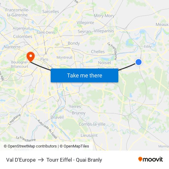 Val D'Europe to Tourr Eiffel - Quai Branly map