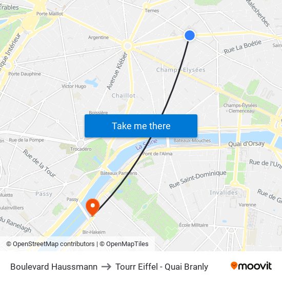 Boulevard Haussmann to Tourr Eiffel - Quai Branly map