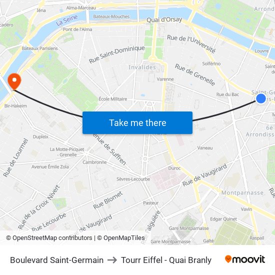 Boulevard Saint-Germain to Tourr Eiffel - Quai Branly map
