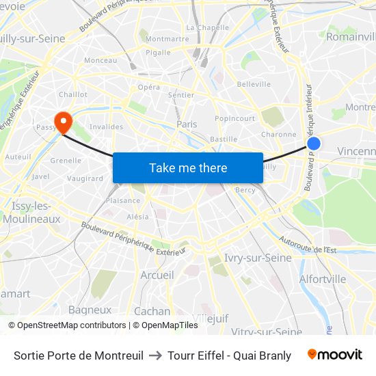 Sortie Porte de Montreuil to Tourr Eiffel - Quai Branly map