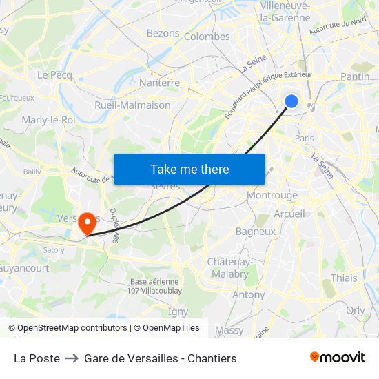 Paris Abbesses to Gare de Versailles - Chantiers map