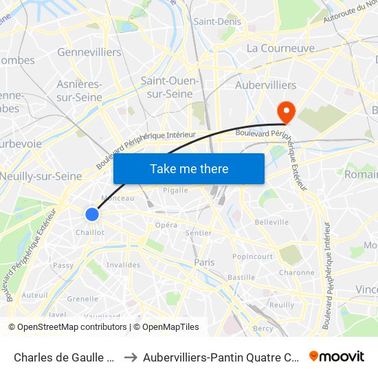 Charles de Gaulle Etoile to Aubervilliers-Pantin Quatre Chemins map