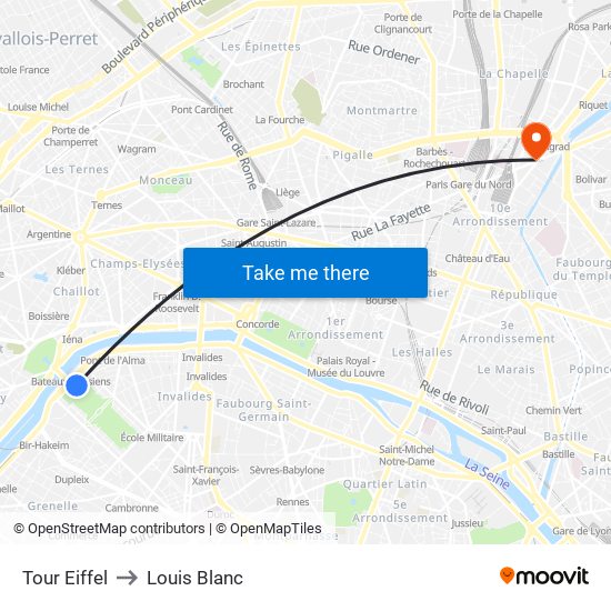 Eiffel Tower to Louis Blanc map
