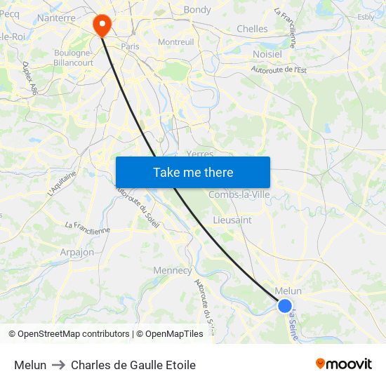 Melun to Charles de Gaulle Etoile map