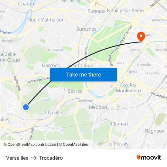 Versailles to Trocadéro map