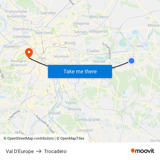 Val D'Europe to Trocadéro map