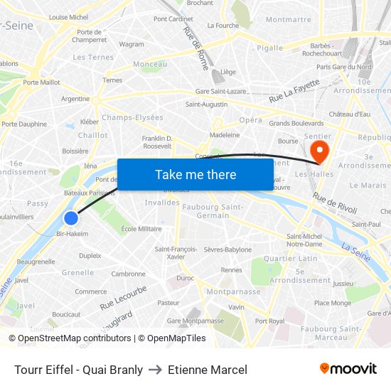 Tourr Eiffel - Quai Branly to Etienne Marcel map