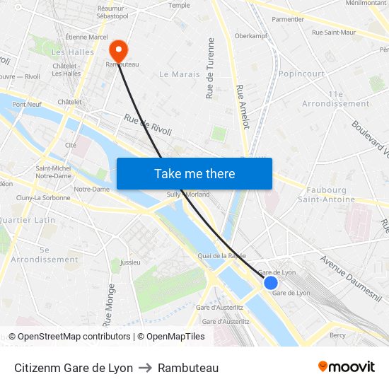Citizenm Gare de Lyon to Rambuteau map
