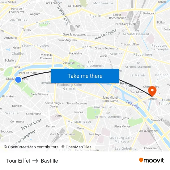 Eiffel Tower to Bastille map