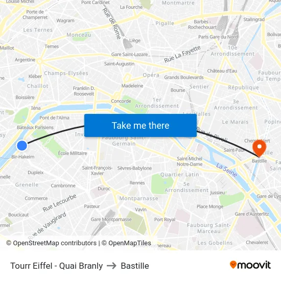 Tourr Eiffel - Quai Branly to Bastille map
