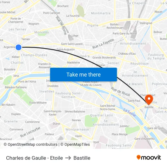 Charles de Gaulle - Etoile to Bastille map