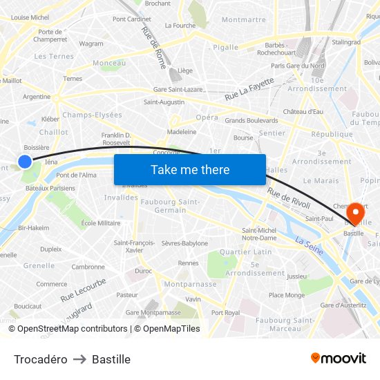 Trocadéro to Bastille map