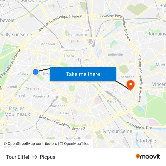 Eiffel Tower to Picpus map