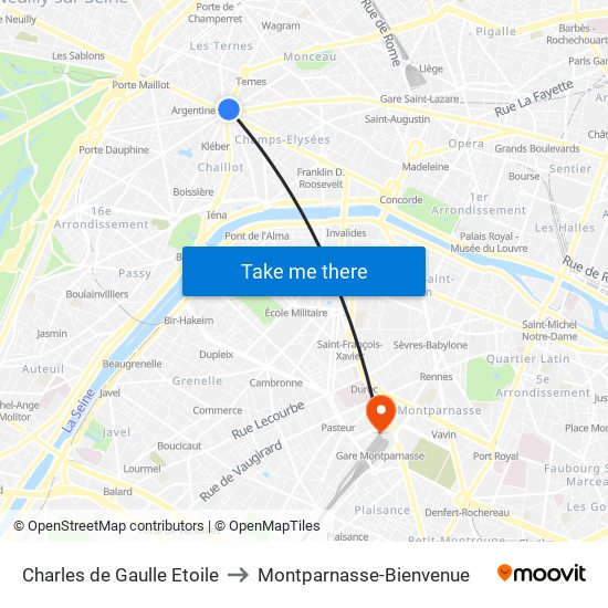 Charles de Gaulle Etoile to Montparnasse-Bienvenue map
