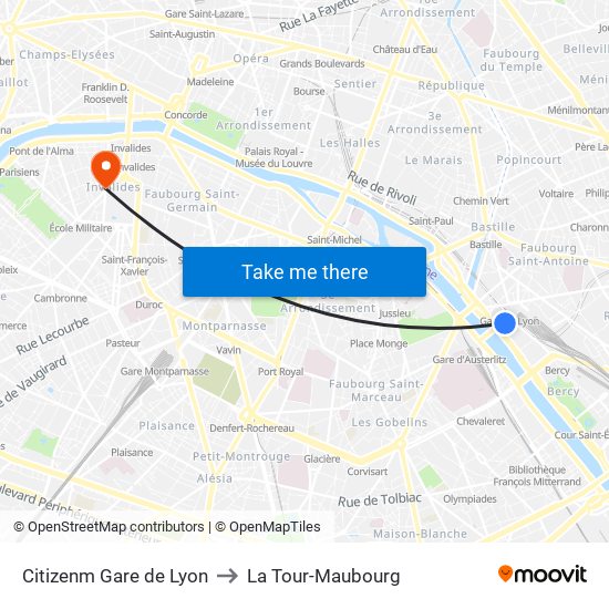 Citizenm Gare de Lyon to La Tour-Maubourg map