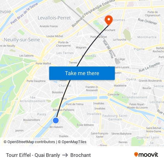 Tourr Eiffel - Quai Branly to Brochant map