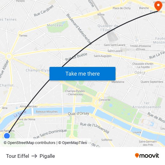 Eiffel Tower to Pigalle map